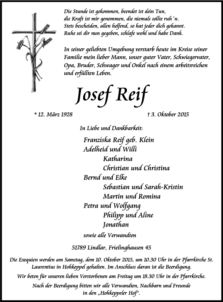 Traueranzeige für Josef Reif vom 07.10.2015 aus Kölner Stadt-Anzeiger / Kölnische Rundschau / Express