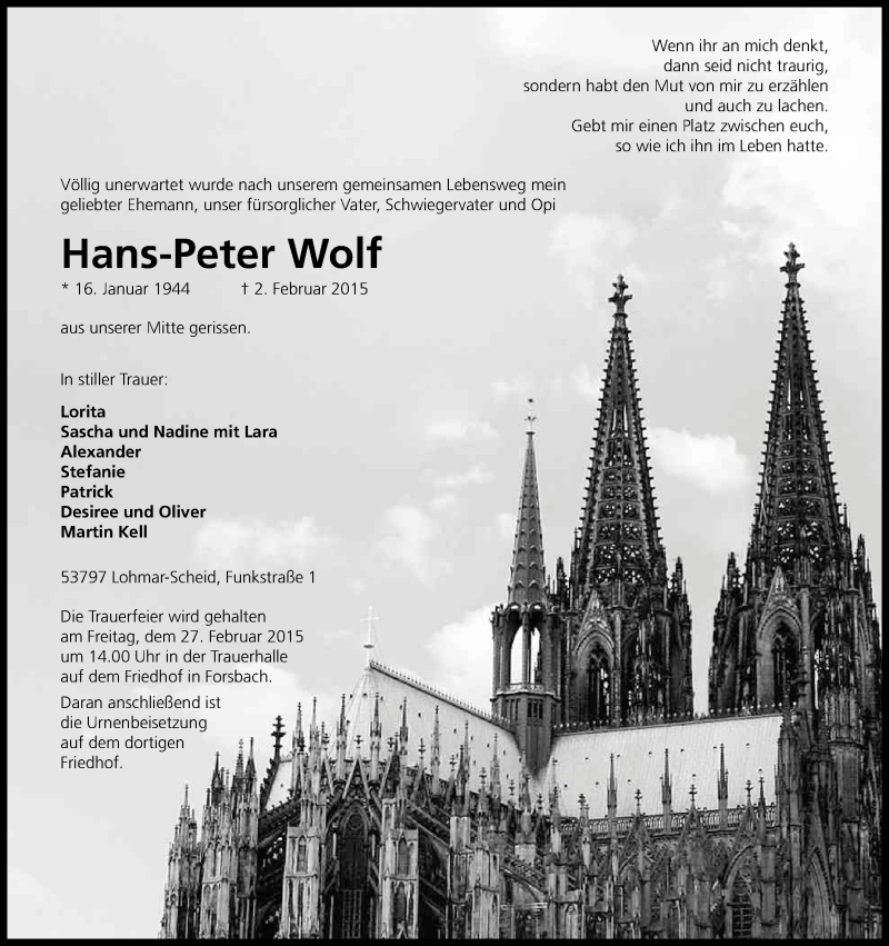  Traueranzeige für Hans-Peter Wolf vom 21.02.2015 aus Kölner Stadt-Anzeiger / Kölnische Rundschau / Express