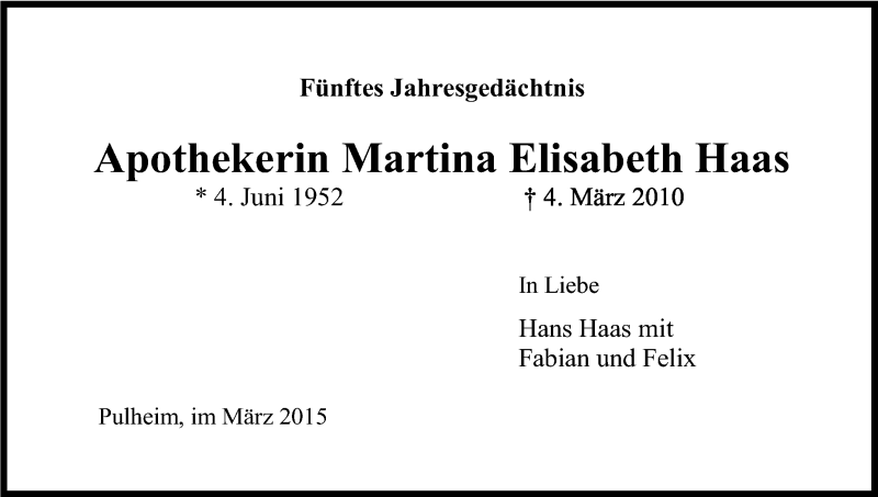  Traueranzeige für Martina Elisabeth Haas vom 07.03.2015 aus Kölner Stadt-Anzeiger / Kölnische Rundschau / Express