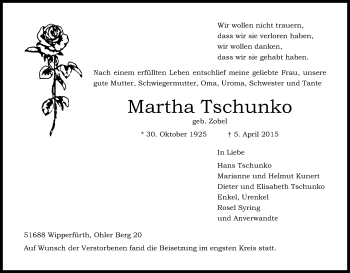 Anzeige von Martha Tschunko von Kölner Stadt-Anzeiger / Kölnische Rundschau / Express
