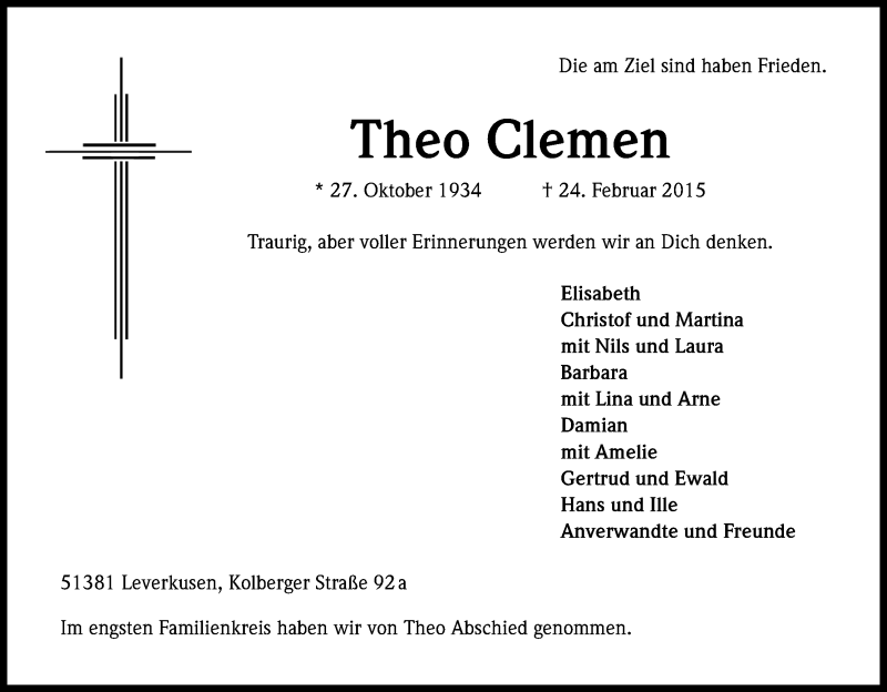  Traueranzeige für Theo Clemen vom 11.03.2015 aus Kölner Stadt-Anzeiger / Kölnische Rundschau / Express
