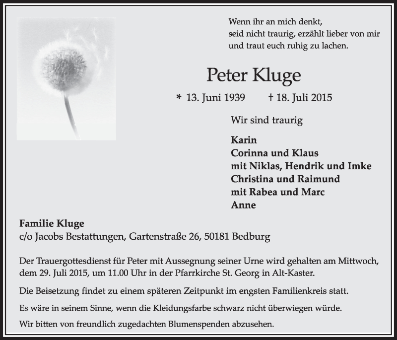  Traueranzeige für Peter Kluge vom 25.07.2015 aus  Sonntags-Post 