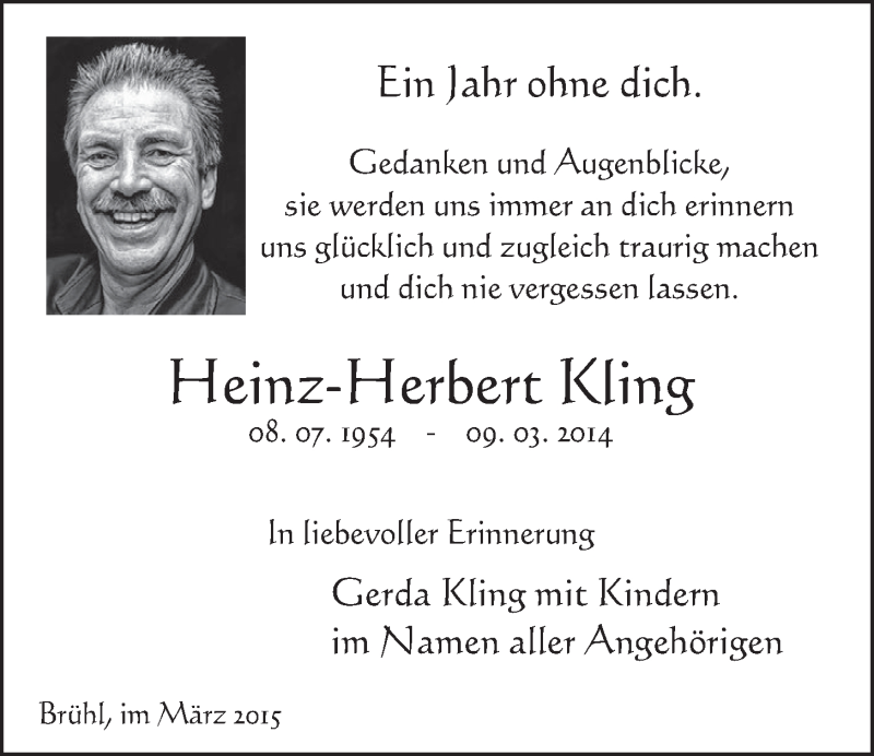  Traueranzeige für Heinz-Herbert Kling vom 04.03.2015 aus  Schlossbote/Werbekurier 