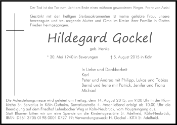 Anzeige von Hildegard Gockel von Kölner Stadt-Anzeiger / Kölnische Rundschau / Express