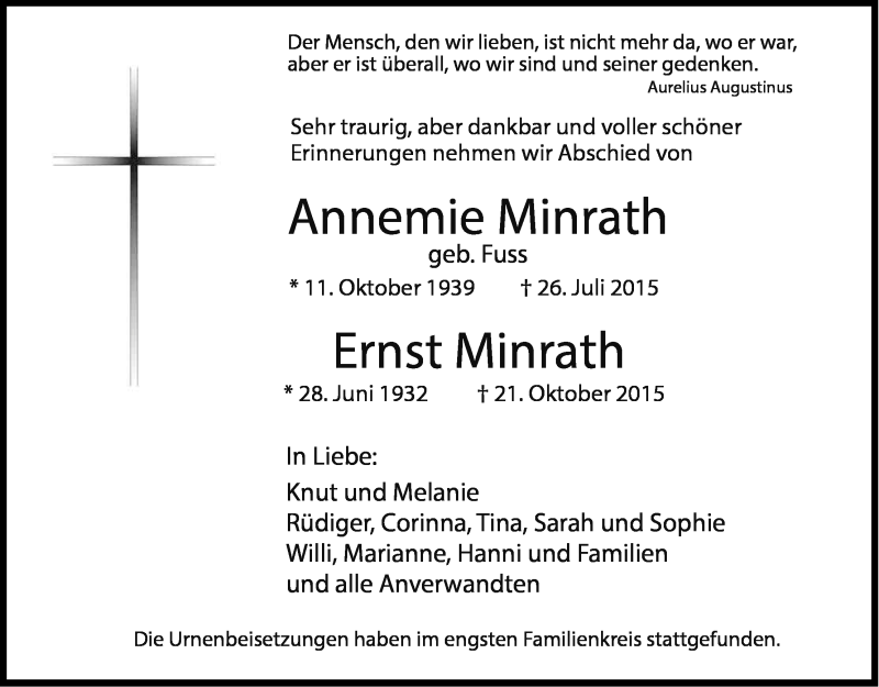  Traueranzeige für Annemie und Ernst Minrath vom 07.11.2015 aus Kölner Stadt-Anzeiger / Kölnische Rundschau / Express