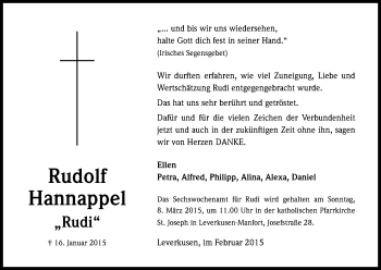 Anzeige von Rudolf Hannappel von Kölner Stadt-Anzeiger / Kölnische Rundschau / Express