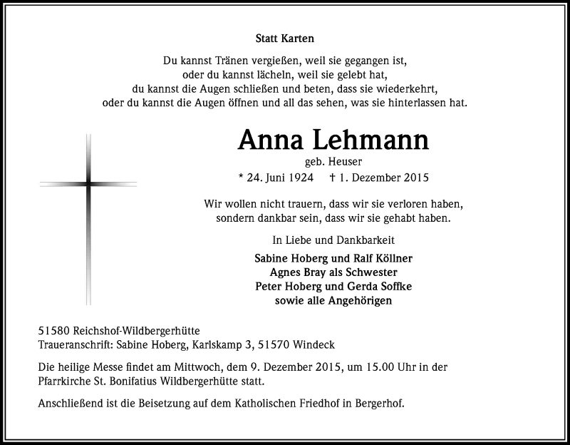  Traueranzeige für Anna Lehmann vom 05.12.2015 aus Kölner Stadt-Anzeiger / Kölnische Rundschau / Express
