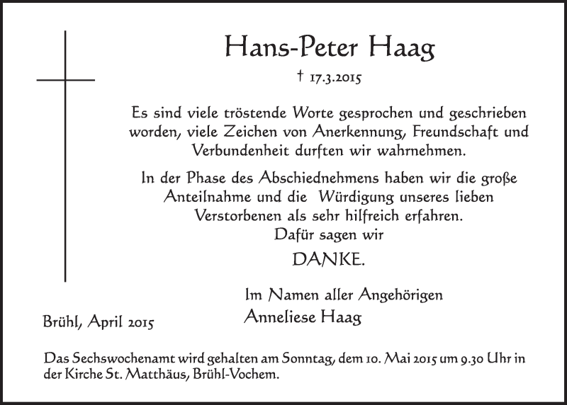  Traueranzeige für Hans-Peter Haag vom 22.04.2015 aus  Schlossbote/Werbekurier 
