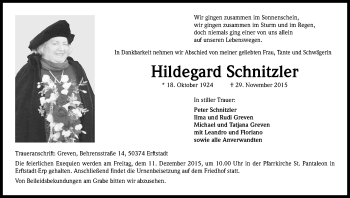 Anzeige von Hildegard Schnitzler von Kölner Stadt-Anzeiger / Kölnische Rundschau / Express