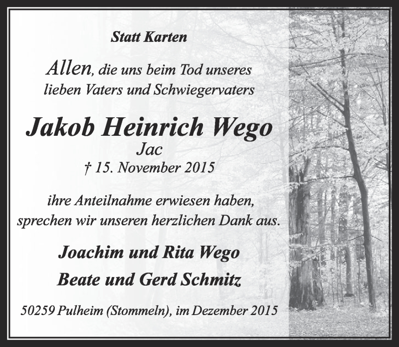  Traueranzeige für Jakob Heinrich Wego vom 12.12.2015 aus  Sonntags-Post 