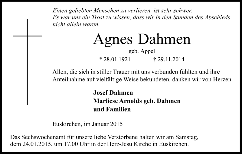  Traueranzeige für Agnes Dahmen vom 17.01.2015 aus Kölner Stadt-Anzeiger / Kölnische Rundschau / Express