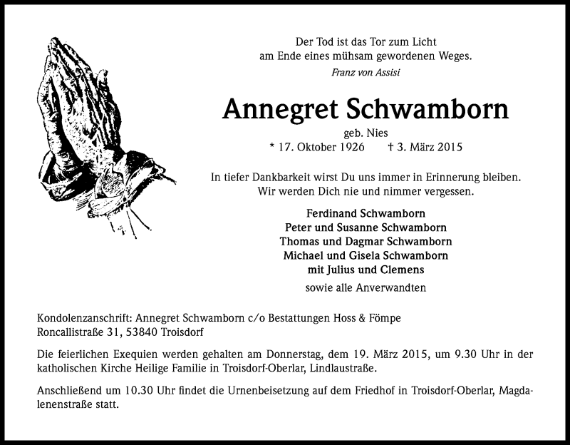  Traueranzeige für Annegret Schwamborn vom 14.03.2015 aus Kölner Stadt-Anzeiger / Kölnische Rundschau / Express