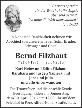 Anzeige von Bernd Filzhaut von  Kölner Wochenspiegel 