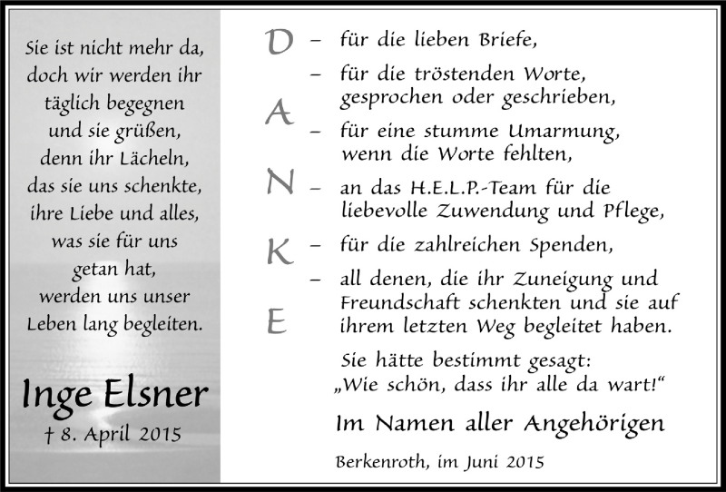  Traueranzeige für Inge Elsner vom 10.06.2015 aus  Lokalanzeiger 