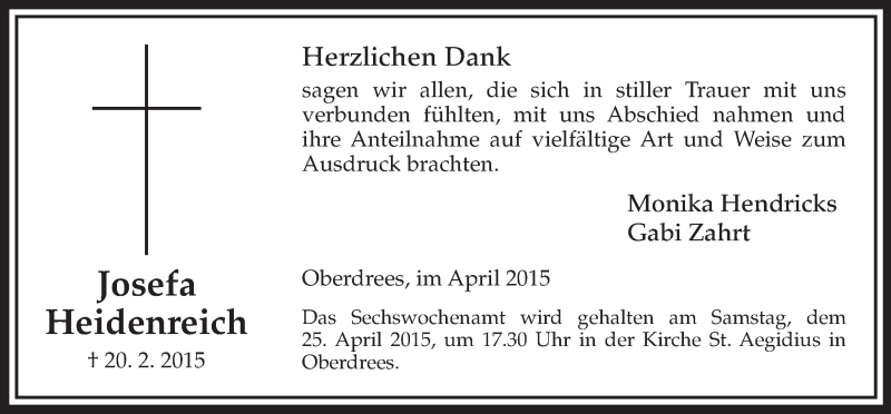  Traueranzeige für Josefa Heidenreich vom 15.04.2015 aus  Schaufenster/Blickpunkt 