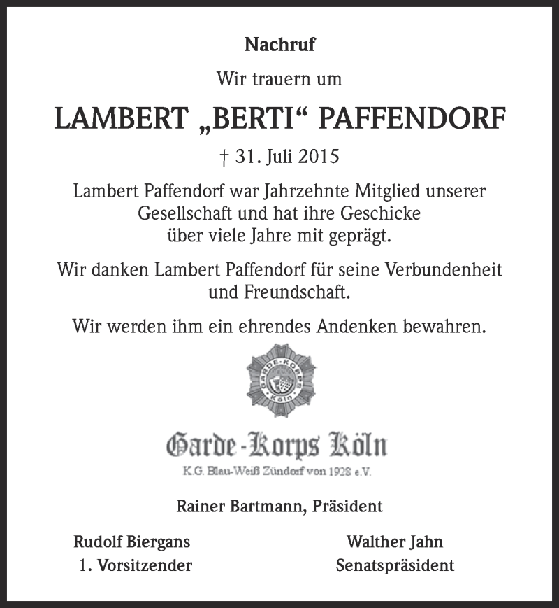  Traueranzeige für Lambert Paffendorf vom 26.08.2015 aus  Kölner Wochenspiegel 