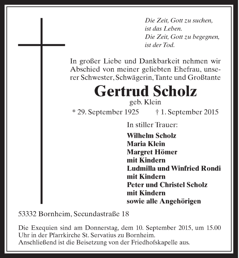  Traueranzeige für Gertrud Scholz vom 09.09.2015 aus  Schaufenster/Blickpunkt 