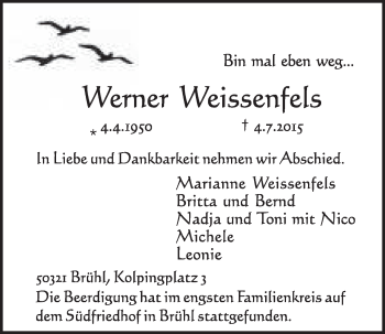 Anzeige von Werner Weissenfels von  Schlossbote/Werbekurier 