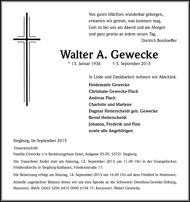  Traueranzeige für Walter Gewecke vom 10.09.2015 aus Kölner Stadt-Anzeiger / Kölnische Rundschau / Express