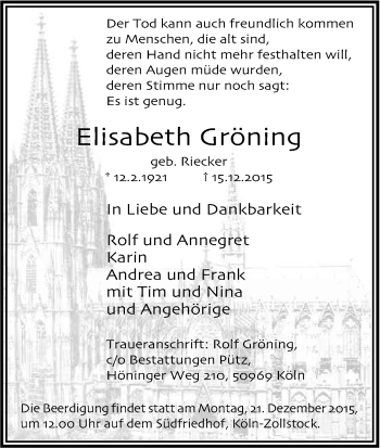 Anzeige von Elisabeth Gröning von Kölner Stadt-Anzeiger / Kölnische Rundschau / Express