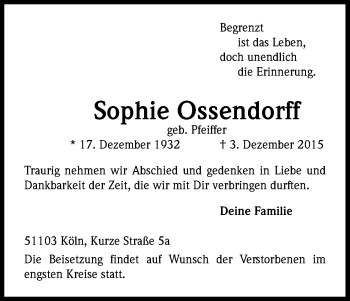 Anzeige von Sophie Ossendorf von Kölner Stadt-Anzeiger / Kölnische Rundschau / Express