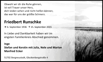Anzeige von Friedbert Runschke von Kölner Stadt-Anzeiger / Kölnische Rundschau / Express
