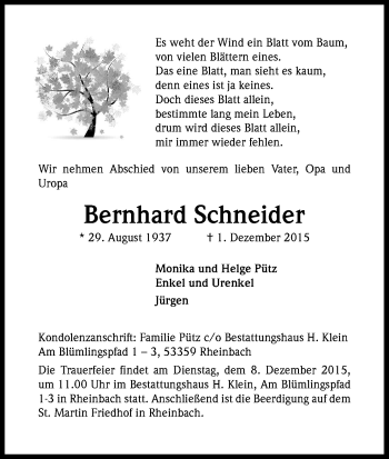Anzeige von Bernhard Schneider von Kölner Stadt-Anzeiger / Kölnische Rundschau / Express