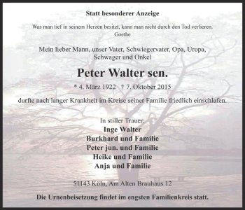 Anzeige von Peter Walter von  Kölner Wochenspiegel 