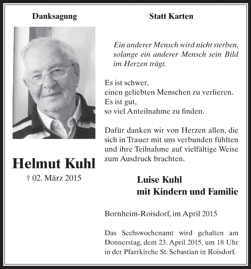  Traueranzeige für Helmut Kuhl vom 15.04.2015 aus  Schaufenster/Blickpunkt 