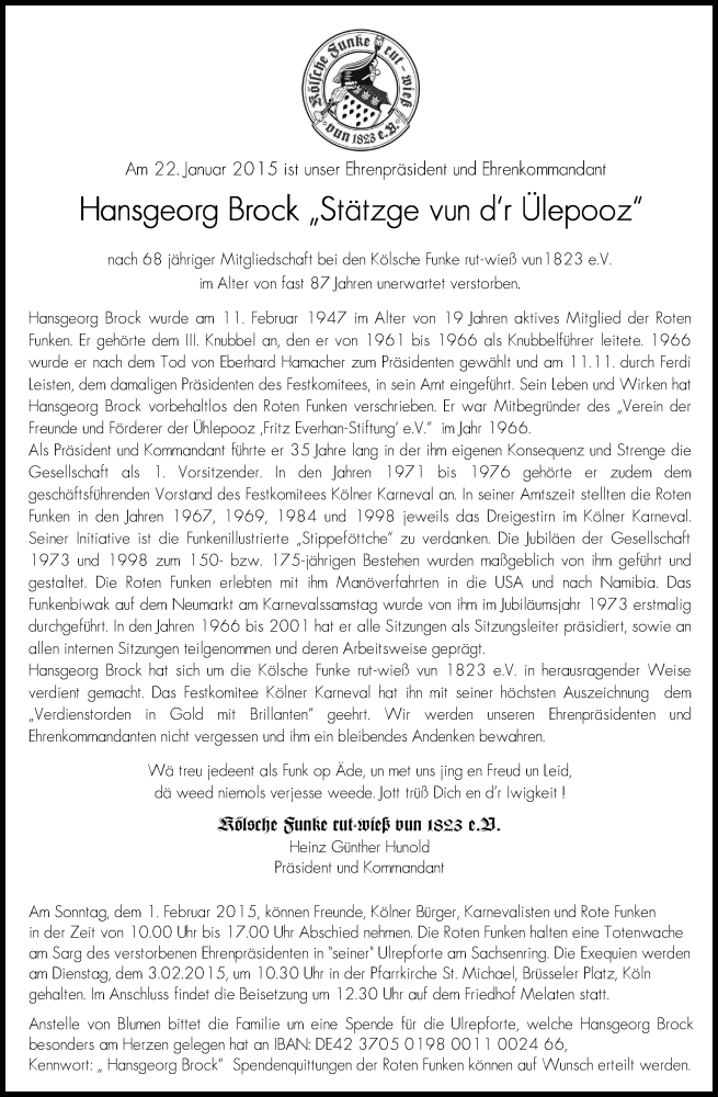  Traueranzeige für Hansgeorg Brock vom 28.01.2015 aus Kölner Stadt-Anzeiger / Kölnische Rundschau / Express