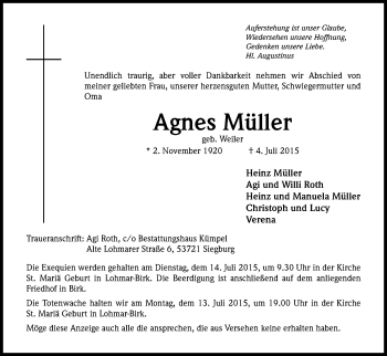 Anzeige von Agnes Müller von Kölner Stadt-Anzeiger / Kölnische Rundschau / Express