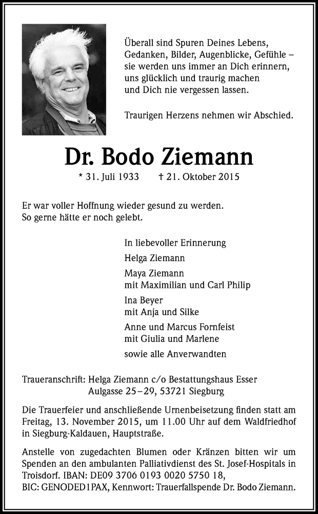  Traueranzeige für Bodo Ziemann vom 07.11.2015 aus Kölner Stadt-Anzeiger / Kölnische Rundschau / Express