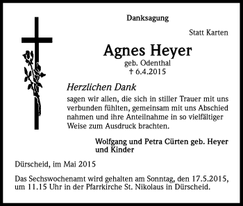 Anzeige von Agnes Heyer von Kölner Stadt-Anzeiger / Kölnische Rundschau / Express