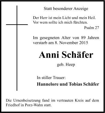 Anzeige von Anni Schäfer von Kölner Stadt-Anzeiger / Kölnische Rundschau / Express