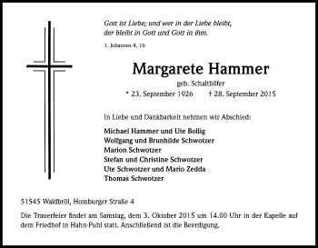 Anzeige von Margarete Hammer von Kölner Stadt-Anzeiger / Kölnische Rundschau / Express