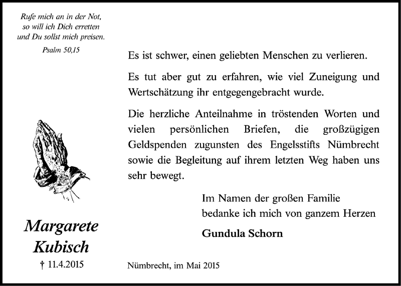  Traueranzeige für Margarete Kubisch vom 27.05.2015 aus  Lokalanzeiger 