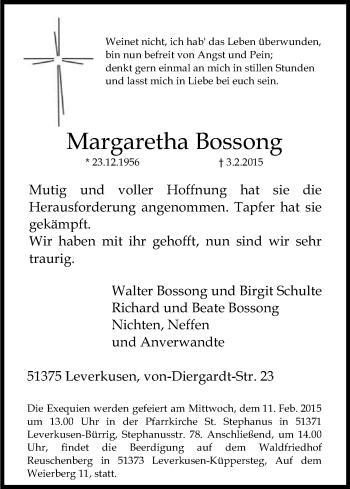 Anzeige von Margaretha Bossong von Kölner Stadt-Anzeiger / Kölnische Rundschau / Express