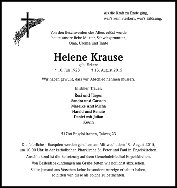 Anzeige von Helene Krause von Kölner Stadt-Anzeiger / Kölnische Rundschau / Express