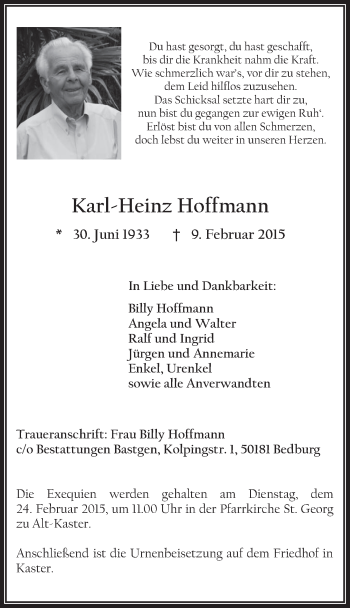 Anzeige von Karl-Heinz Hoffmann von  Werbepost 