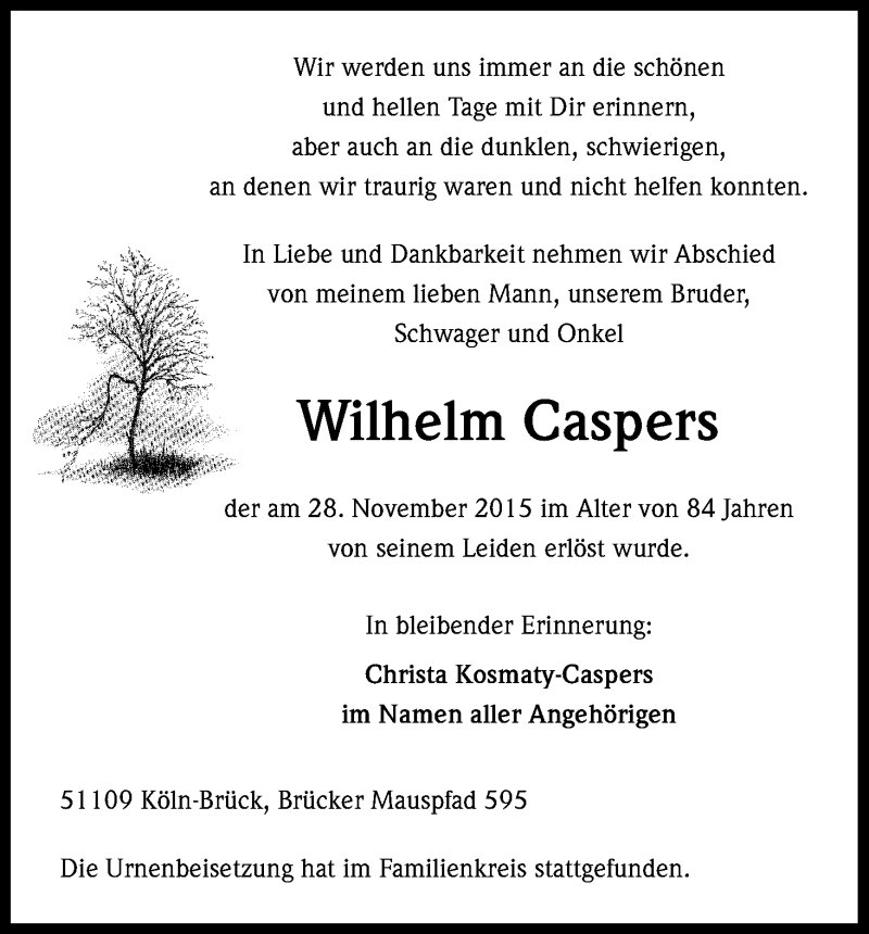  Traueranzeige für Wilhelm Caspers vom 12.12.2015 aus Kölner Stadt-Anzeiger / Kölnische Rundschau / Express