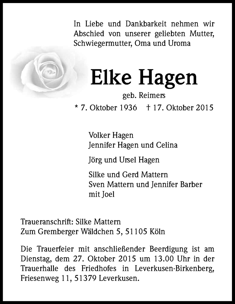  Traueranzeige für Elke Hagen vom 24.10.2015 aus Kölner Stadt-Anzeiger / Kölnische Rundschau / Express