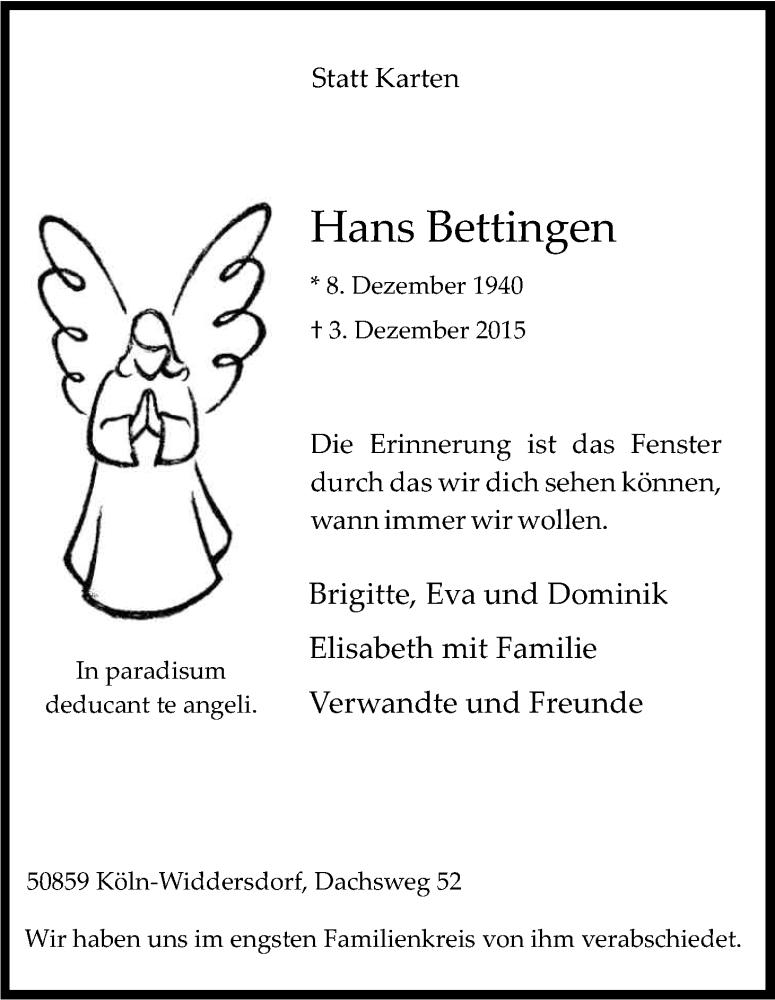 Traueranzeige für Hans Bettingen vom 12.12.2015 aus Kölner Stadt-Anzeiger / Kölnische Rundschau / Express