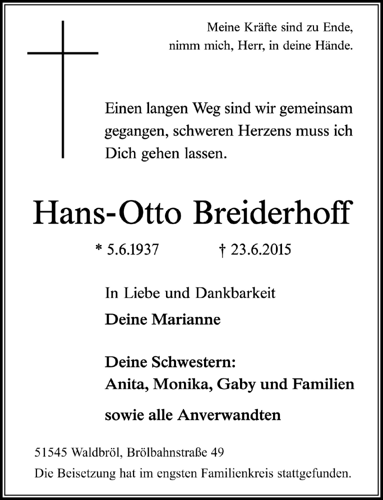  Traueranzeige für Hans-Otto Breiderhoff vom 08.07.2015 aus  Lokalanzeiger 
