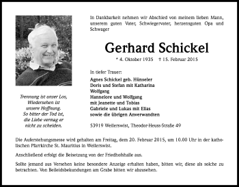 Anzeige von Gerhard Schickel von Kölner Stadt-Anzeiger / Kölnische Rundschau / Express