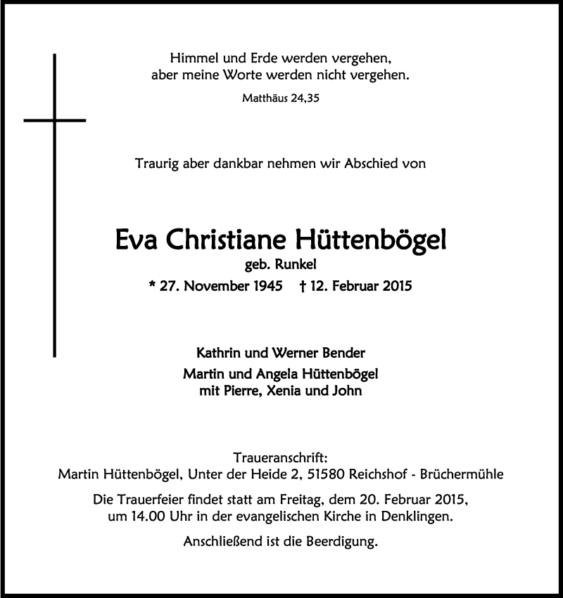  Traueranzeige für Eva Christiane Hüttenbögel vom 14.02.2015 aus Kölner Stadt-Anzeiger / Kölnische Rundschau / Express