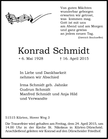 Anzeige von Konrad Schmidt von Kölner Stadt-Anzeiger / Kölnische Rundschau / Express