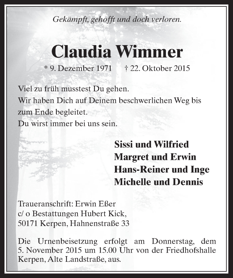  Traueranzeige für Claudia Wimmer vom 04.11.2015 aus  Werbepost 