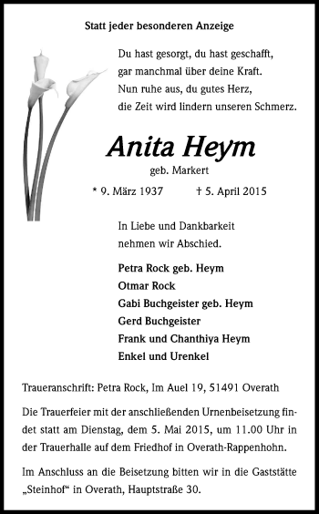 Anzeige von Anita Heym von Kölner Stadt-Anzeiger / Kölnische Rundschau / Express