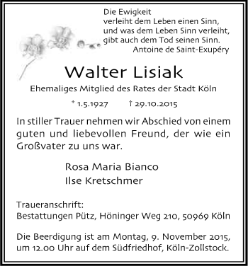 Anzeige von Walter Lisiak von Kölner Stadt-Anzeiger / Kölnische Rundschau / Express