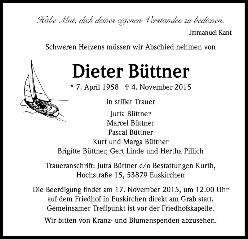  Traueranzeige für Dieter Büttner vom 14.11.2015 aus Köln - Wir Trauern